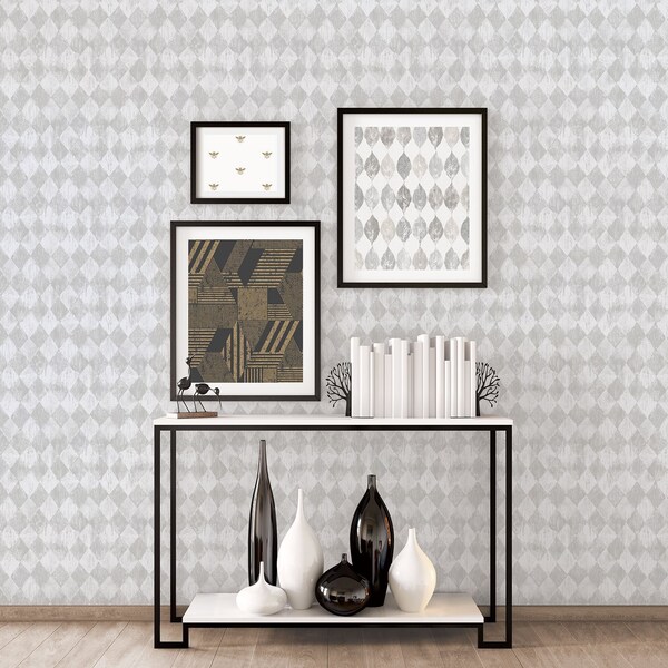 Nottingham, Vinyl Harlequin In White And Silver Wallpaper, 205 In X 33 Ft = 56 Sq Ft